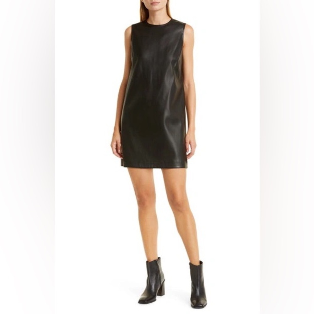 Theory BEDFORD MOD FAUX LEATHER SLEEVELESS SHIFT DRESS IN BLACK size 00